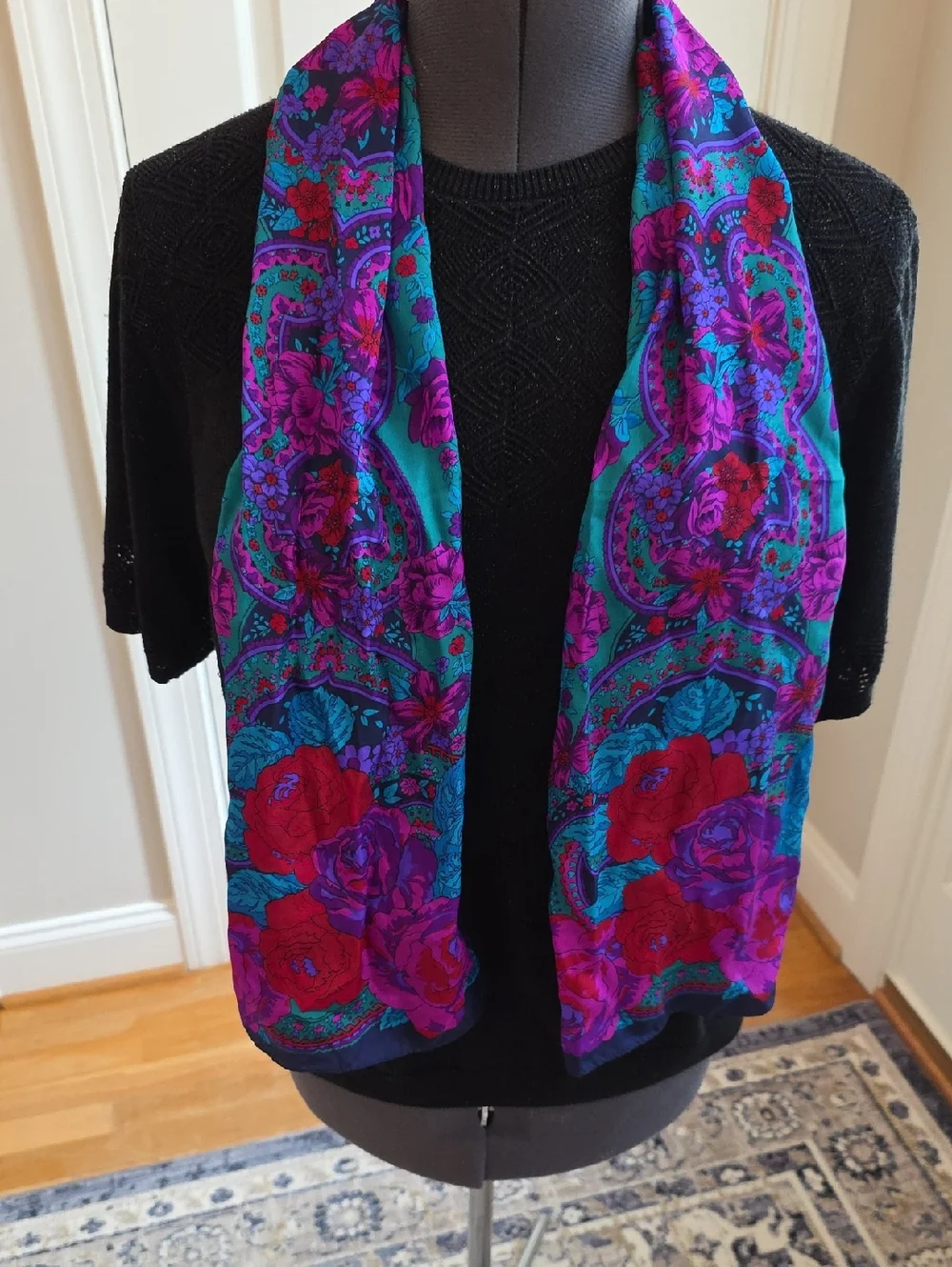 Vibrant Floral Teal and Purple Silk Vintage Scarf Circa 1980s
